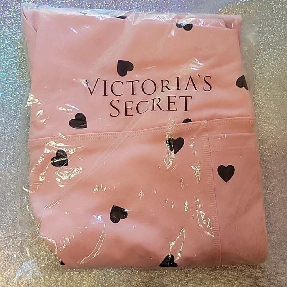 NWT Victoria Secret Ultimate Leggings Pink, Black Hearts, Side Pockets, SZ:L